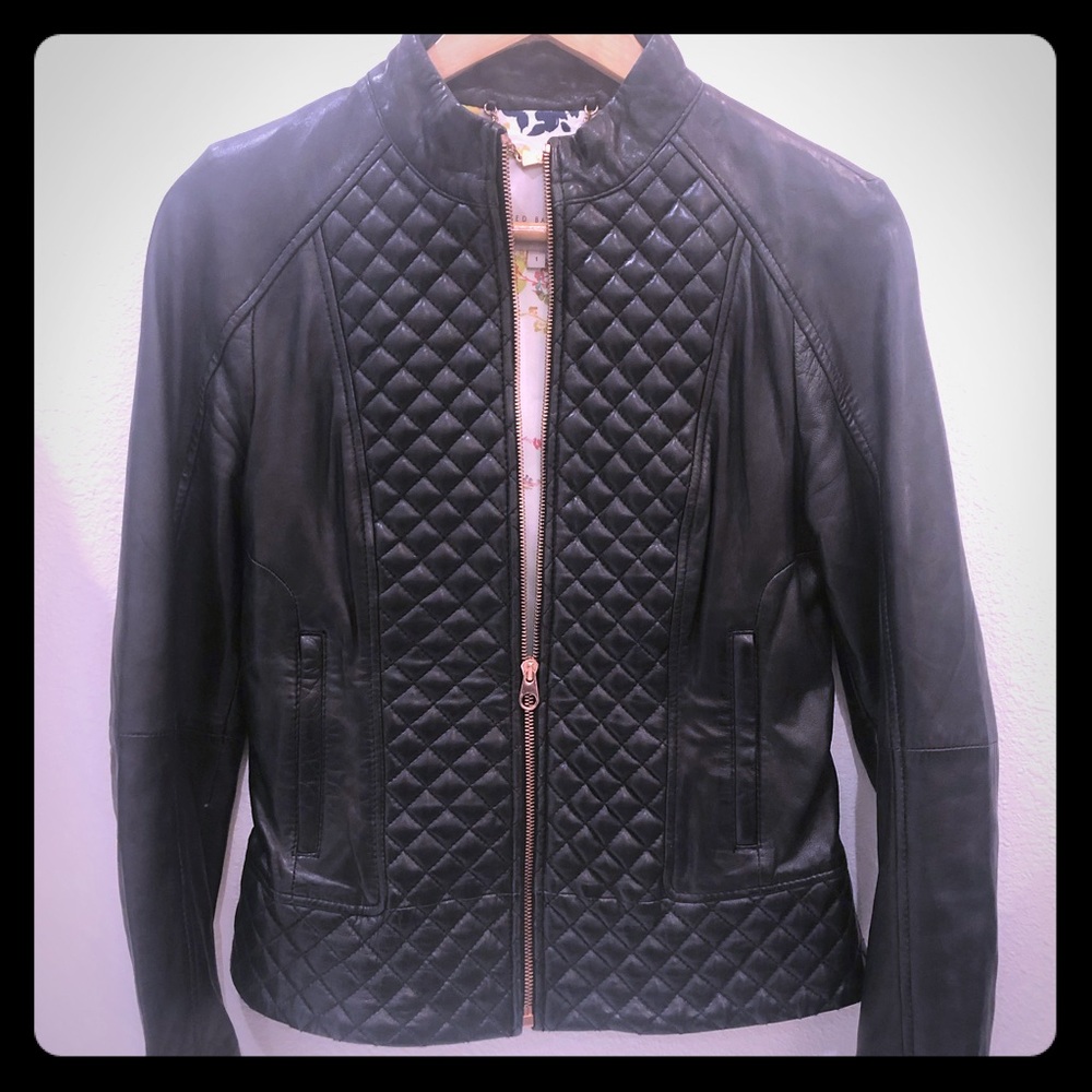 Black leather quilted motorcycle jacket